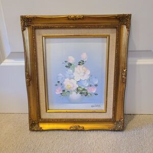 Vtg Floral Bouquet on blue oil painting still life signed‎ Gold Frame 12.5 x 15